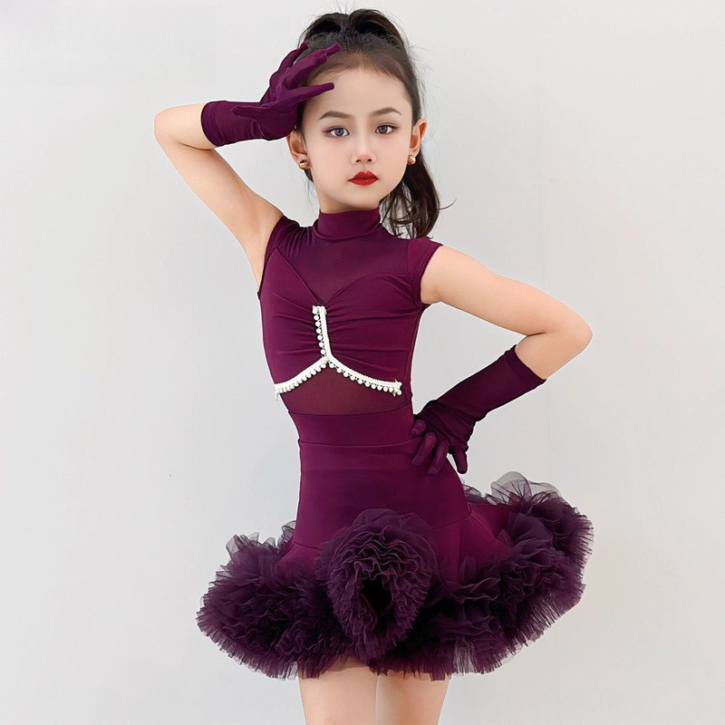 ✧❀✧ Chân Váy Khiêu Vũ Latin Tiêu Chuẩn Cuộc Thi Cô Gái Trang Phục Váy Cổ Cao Lưới Nối Vải Phồng