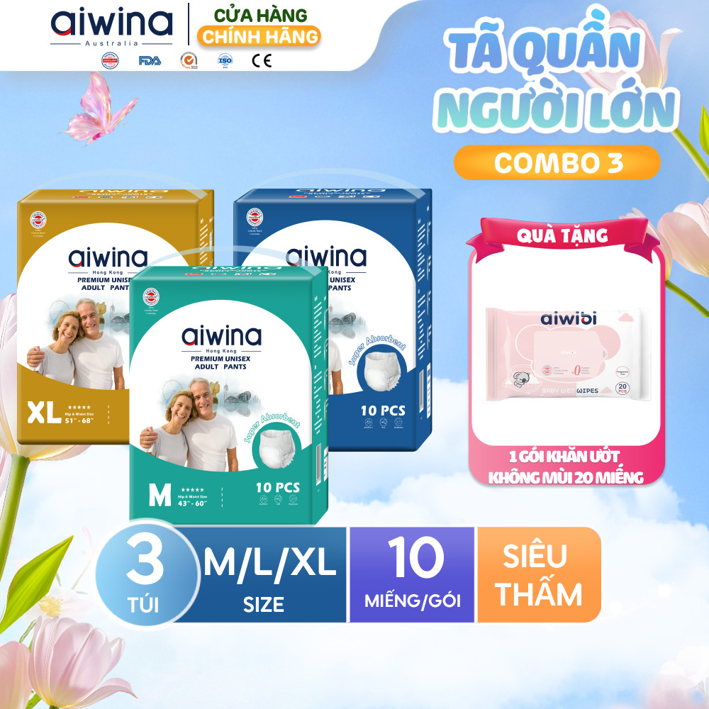 Combo 3 Tã quần người lớn Aiwina siêu thấm hút size M/L/XL túi 10 miếng