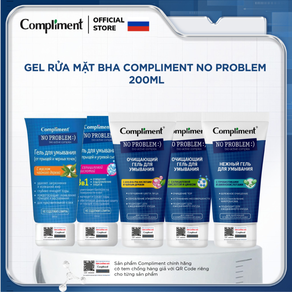 Gel rửa mặt BHA Compliment No Problem làm sạch sâu, giảm viêm, giảm mụn 200ml