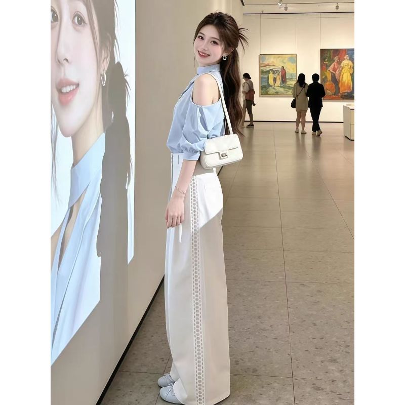 [Thời gian có hạn Seckill] Áo sơ mi đeo vai sang trọng dành cho nữ Đầu mùa xuân Phong cách mới Độc đáo Đẹp Top Đầu mùa hè Mặc thường ngày Quần ống rộng Bộ đồ hai mảnh