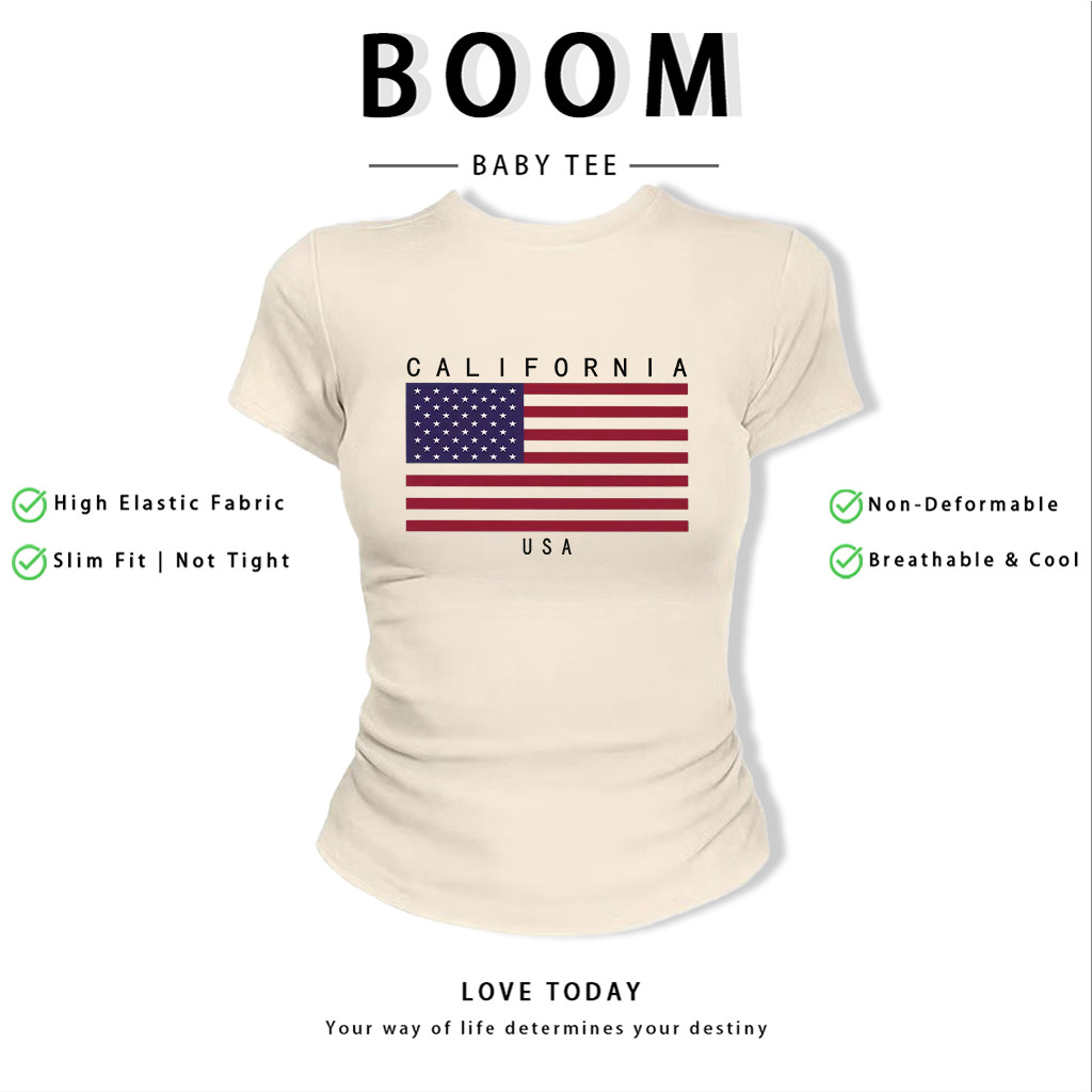 BOOM Áo Baby Tee Nữ Cotton Ôm Body-Áo Thun Ngắn Tay Y2K In Hình PhongCách Mùa Hè, Cổ Tròn Hàng Đầucách hàn quốc phongG54