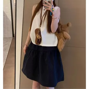 Size lớn 150kg Váy ngắn màu xanh hải quân nữ mùa hè eo cao ôm hơn Nhìn chữ a Váy ô phong cách Preppy Half-Le