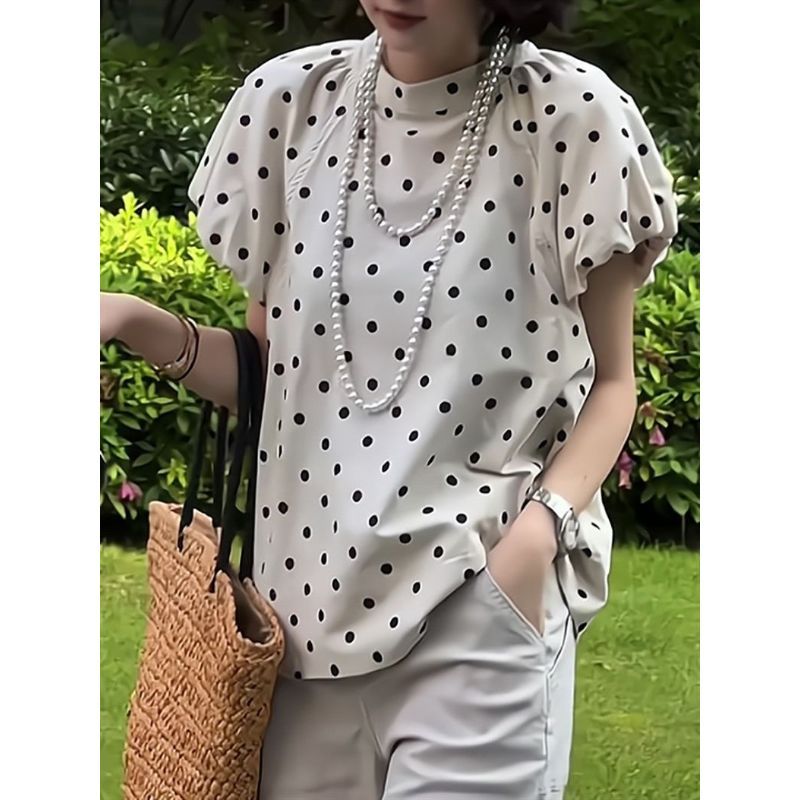 [Mặc nhỏ dễ thương] Áo sơ mi bán chạy mùa hè Châu Âu Áo thun tay phồng Niche kiểu Pháp chấm bi thời trang
