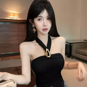 Người Nổi Tiếng Sang Trọng Khóa Kim Loại Dây Camisole Nữ Mùa Hè Nóng Cô Gái Dây Gợi Cảm Mỏng Phù Hợp Với Khe Ống Top