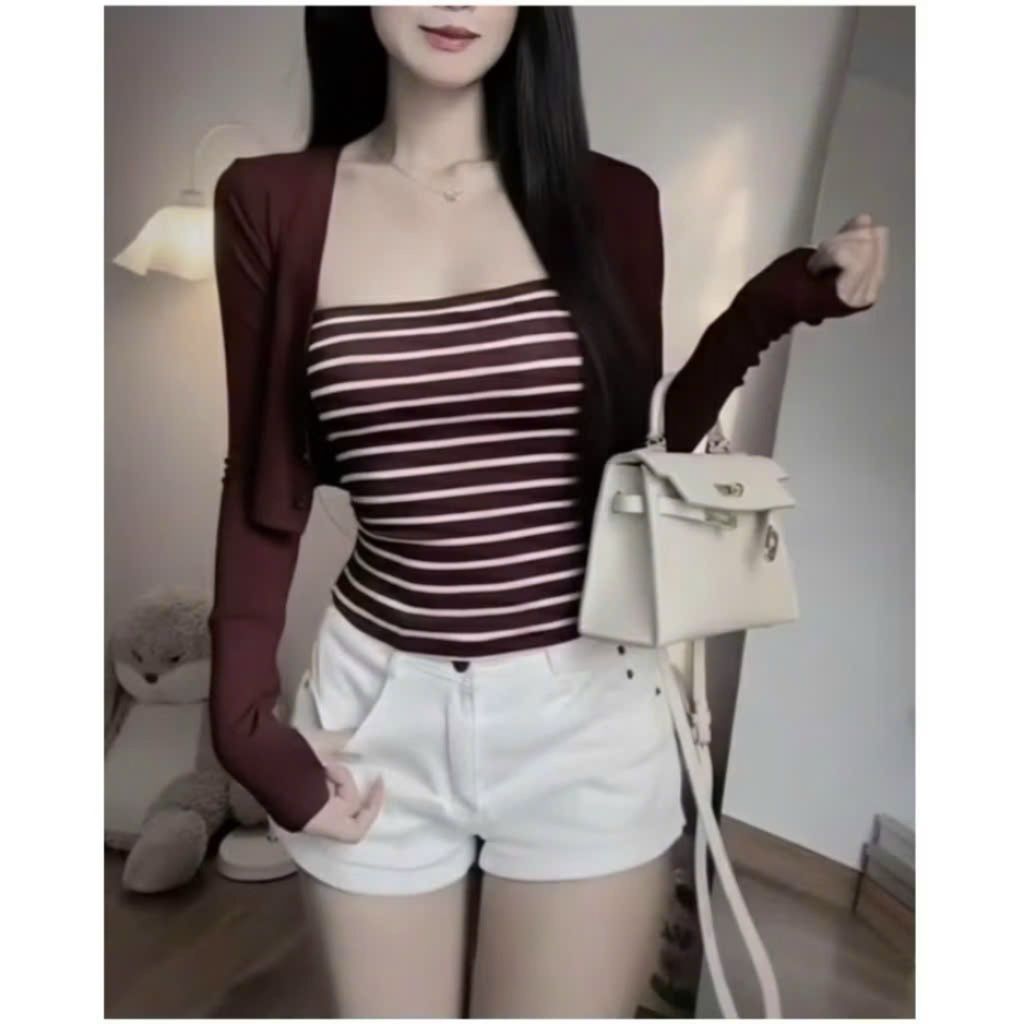 Set áo khoác Croptop phối nút tay dài mix áo ống sọc ngang kiểu Hàn Quốc siêu hot GOV315 - SamHi Closet