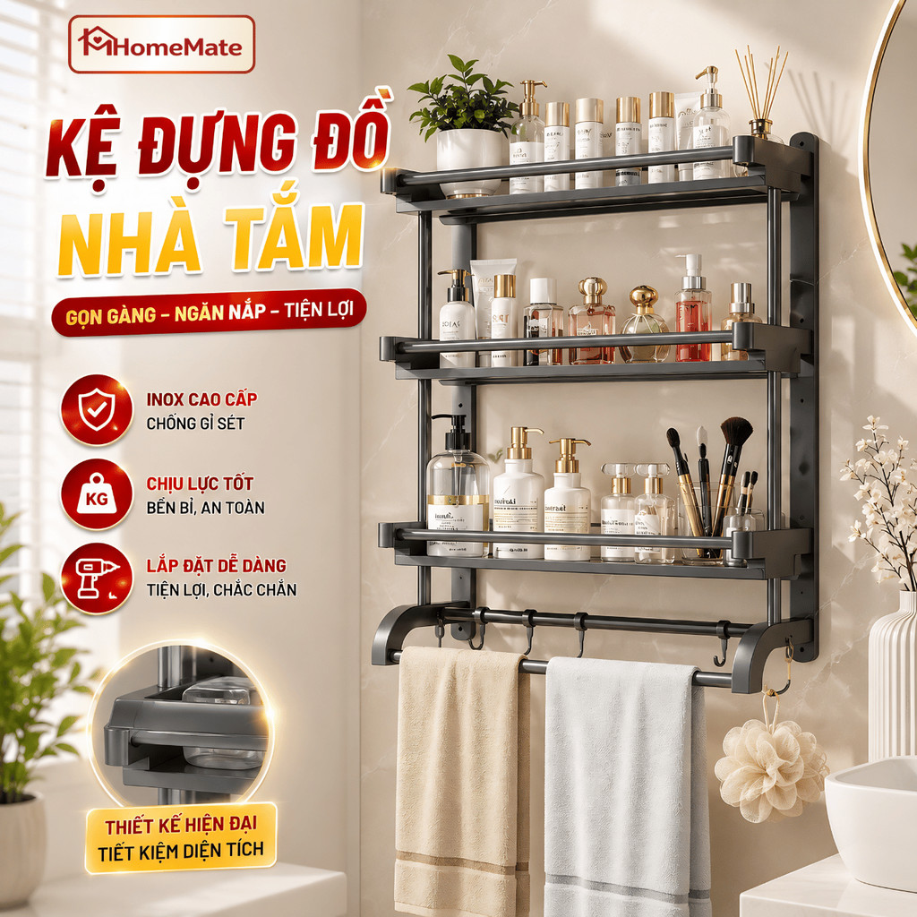 Kệ Đựng Đồ Nhà Tắm HomeMate Dán Tường Không Khoan – Kệ Đựng Mỹ Phẩm Thép Carbon Chống Gỉ Cao Cấp