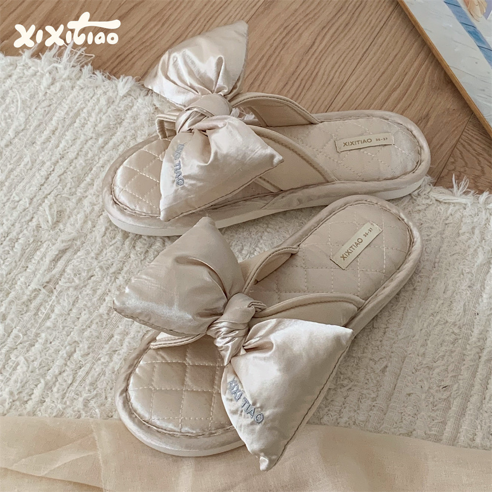 XIXITIAO Dép Vải Lanh Cotton Nhà Nữ Phong Cách Mới Thoải Mái Bốn Mùa Nơ Lụa