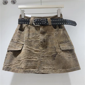 Retro Màu Nâu Bảo Hộ Lao Động Váy Denim Nữ Mùa Xuân Mùa Hè Phong Cách Mới Cao Cấp Chống chói Chữ a Váy Hông