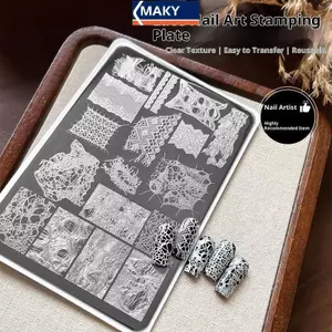 MAKY Pháp Ren Sóng Dòng Móng Tấm Dập Hình Ảnh DIY In Hình Học Stencil Dụng Cụ Thép Không Gỉ Làm Móng Tay Tem Mẫu VN