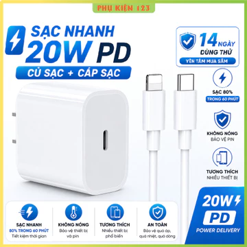 Bộ sạc nhanh 20W PD (củ sạc + cáp sạc) cho 5-14PRM, Sạc 60p lên 80% Pin. Cốc sạc Type C Dây sạc 20W sạc nhanh gấp 3 lần