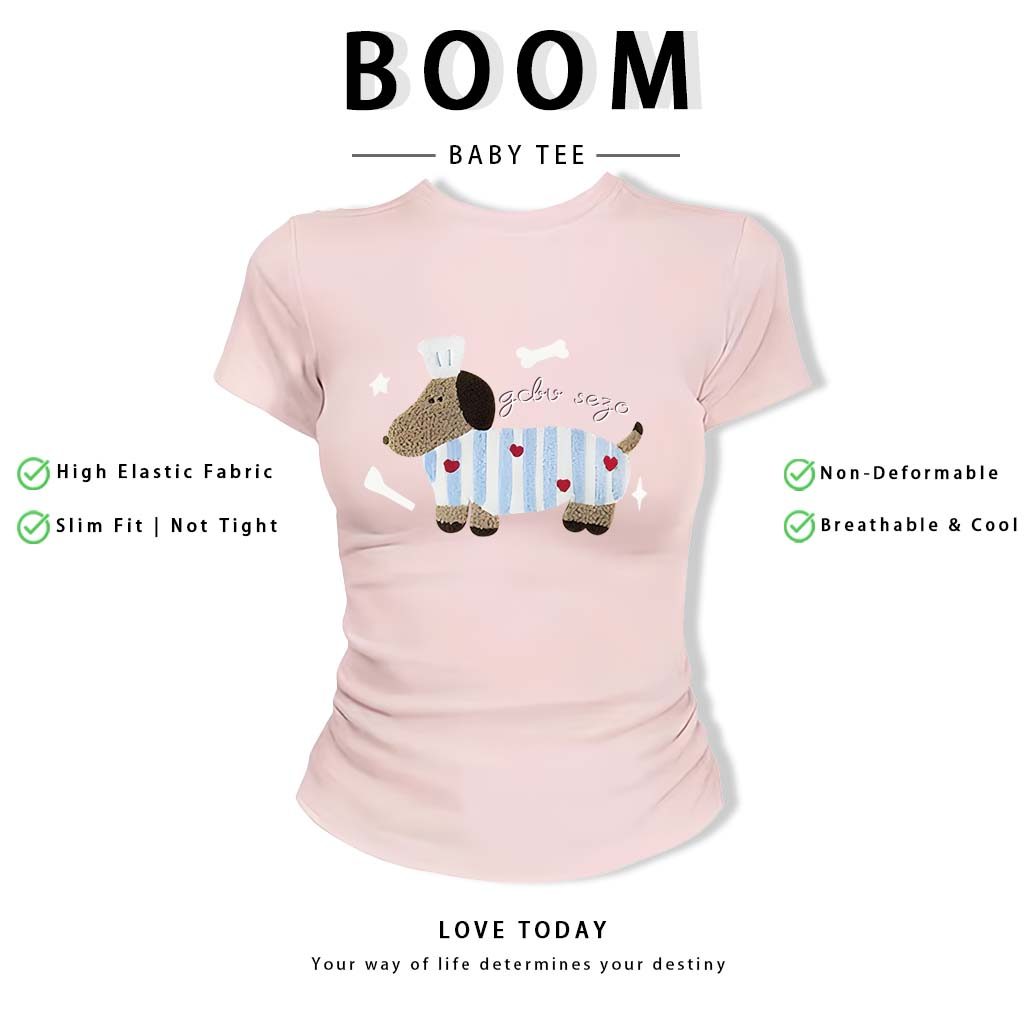 BOOM Áo Baby Tee Nữ Cotton Ôm Body-Áo Thun Ngắn Tay Y2K In Hình PhongCách Mùa Hè, Cổ Tròn Hàng Đầucách hàn quốc phongR20