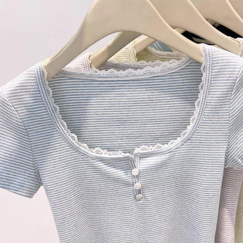 Áo thun nữ sọc vai, form slim-fit phù hợp mùa hè