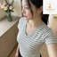 Áo thun Cổ Tim sọc viền nữ chiết eo basic, áo phông nữ ôm body cộc ngắn tay vải cao cấp co giãn A006