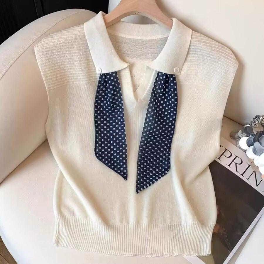 [Hàng mới về] Mùa hè Hàn Quốc Cổ áo polo Thời trang Ve áo Khăn lụa Thiết kế Sense Đan Áo len Top