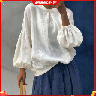 Áo sơ mi nữ cổ tròn tay dài bất đối xứng phong cách retro, phù hợp mặc hàng ngày