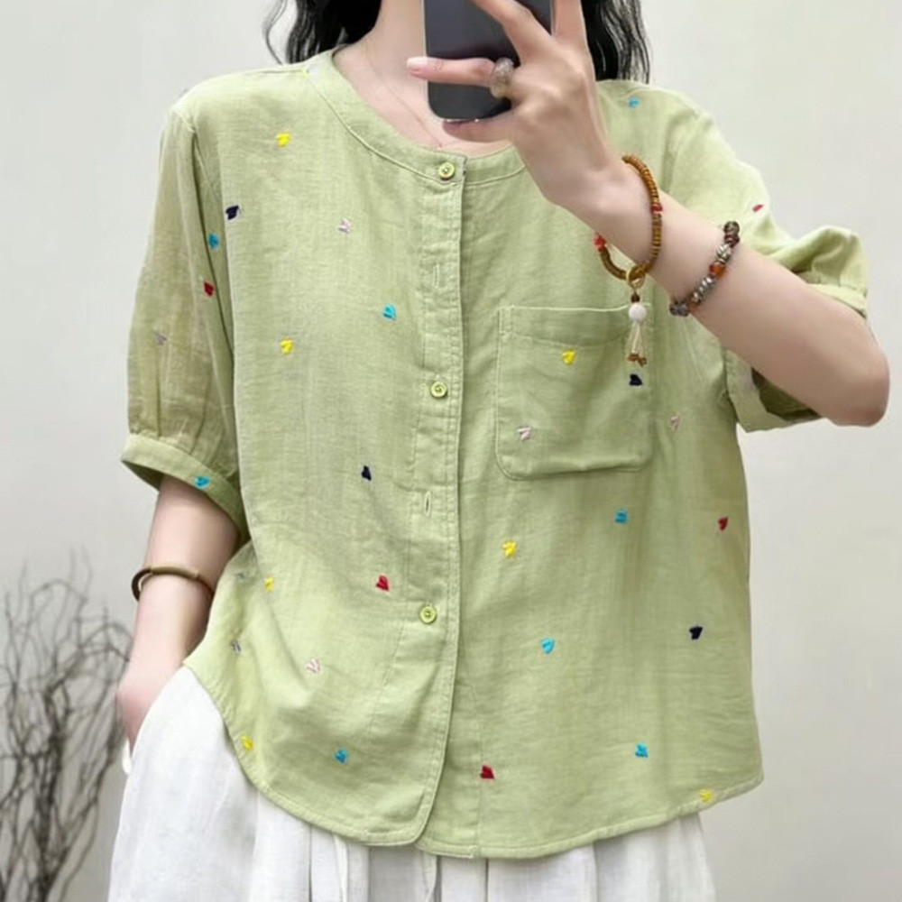 Áo sơ mi nữ chấm bi thêu trắng, cotton, phù hợp cho mùa hè