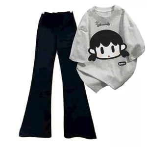 "Bộ quần ống loe dài và áo phông unisex XU KA mới, thời trang trendy cho nữ."