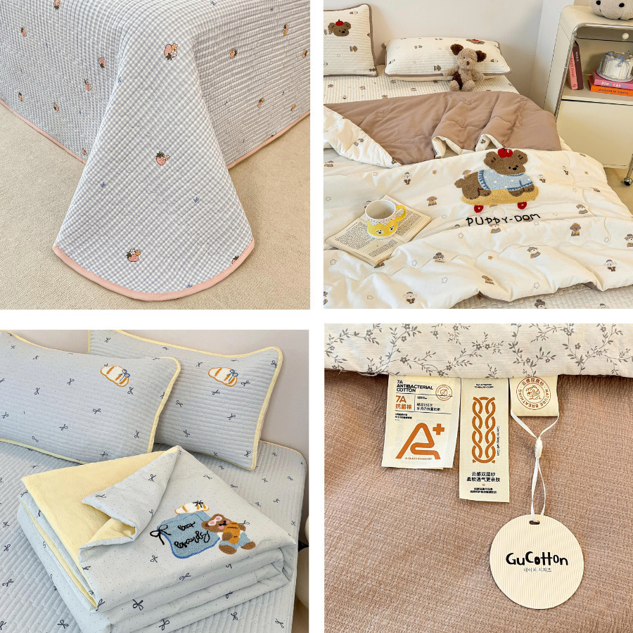 (SCB105)Bộ chăn ga gối 4 món chất liệu đũi Memminbedding kèm chăn hè với họa tiết 5D thêu nổi siêu dễ thương