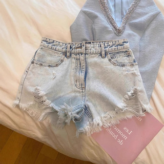 Quần short jean cạp cao ống thẳng nữ | Thêu viền tua rua size lớn | Hè 2026 hàng ngày