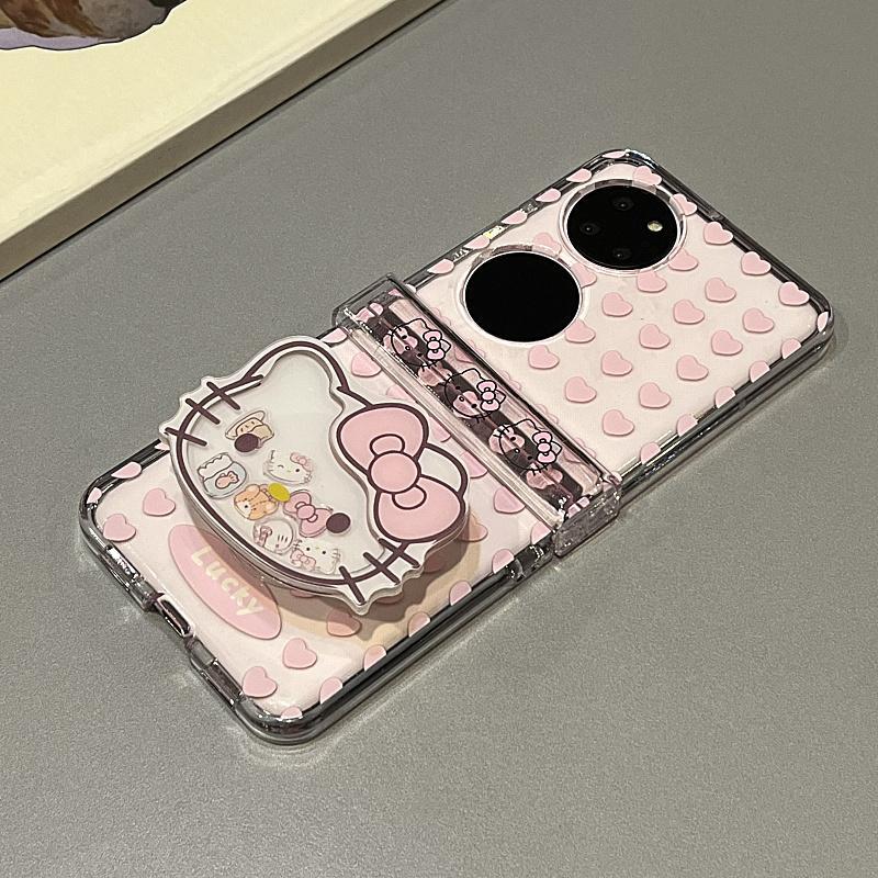 Samsung Galaxy ZFlip7 ZFlip6 Cô gái hoạt hình dễ thương “Love Love ” Shaker KT Cat Stand Chain Phone Case Tương thích với vỏ bảo vệ vỏ cứng có thể gập lại cho ZFlip 7 6 5 4 3 5G
