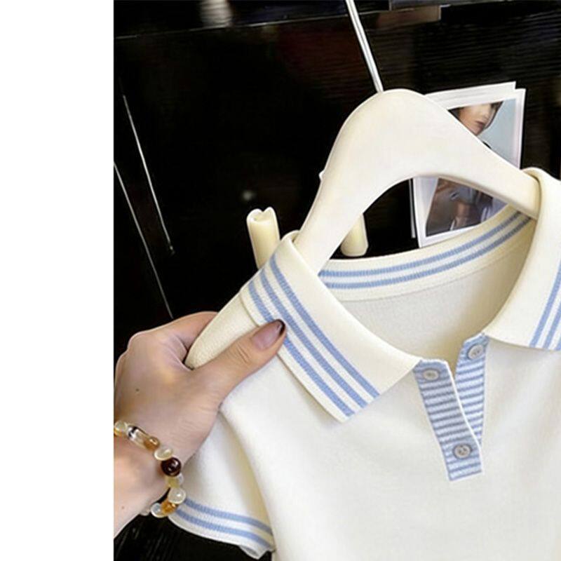 Áo thun ngắn tay cổ áo Polo phong cách mới mùa hè | Phụ Nữ Plus Size Béo mm Mỏng Hơn Nhìn Rời Màu Sắc Tương Phản Ve Áo Top, Sang Trọng Hợp Thời Trang 40-100kg Có Thể Mặc