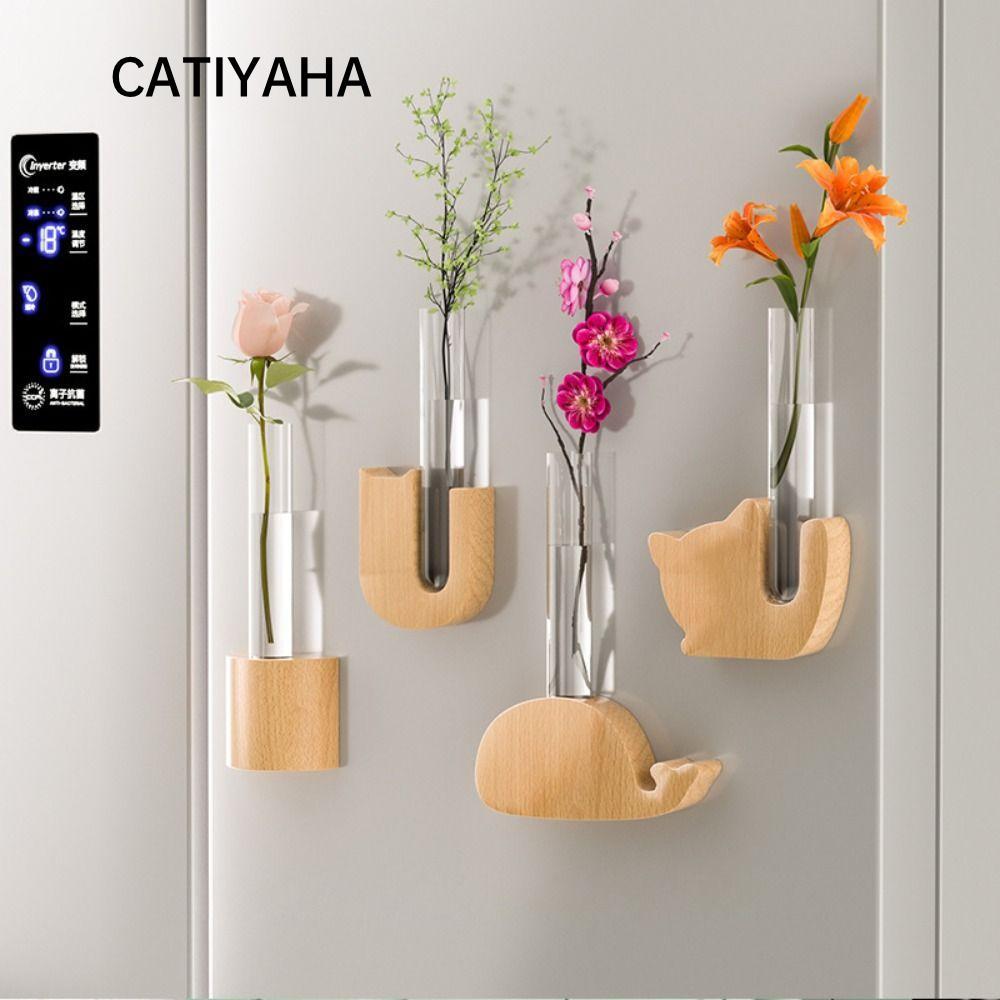 Bình hoa ống thử nghiệm CATIYAHA, Bình hoa mô phỏng bằng gỗ DIY, Nam châm tủ lạnh sáng tạo Trang trí tường từ tính Cây cảnh Mini