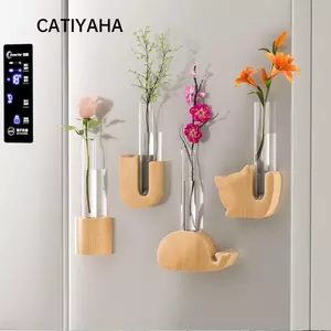 Bình hoa ống thử nghiệm CATIYAHA, Bình hoa mô phỏng bằng gỗ DIY, Nam châm tủ lạnh sáng tạo Trang trí tường từ tính Cây cảnh Mini