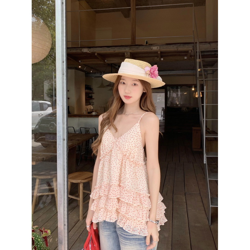 SUXI Áo sơ mi yếm xù chấm bi nhẹ nhàng phong cách mới mùa hè dành cho nữ 260507