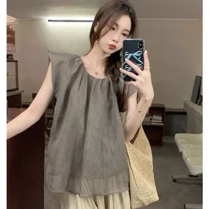 Áo sơ mi màu cà phê cổ điển Hàn Quốc dành cho nữ Mùa hè Phong cách mới Áo thun cổ tròn nhăn dáng rộng Playful Top