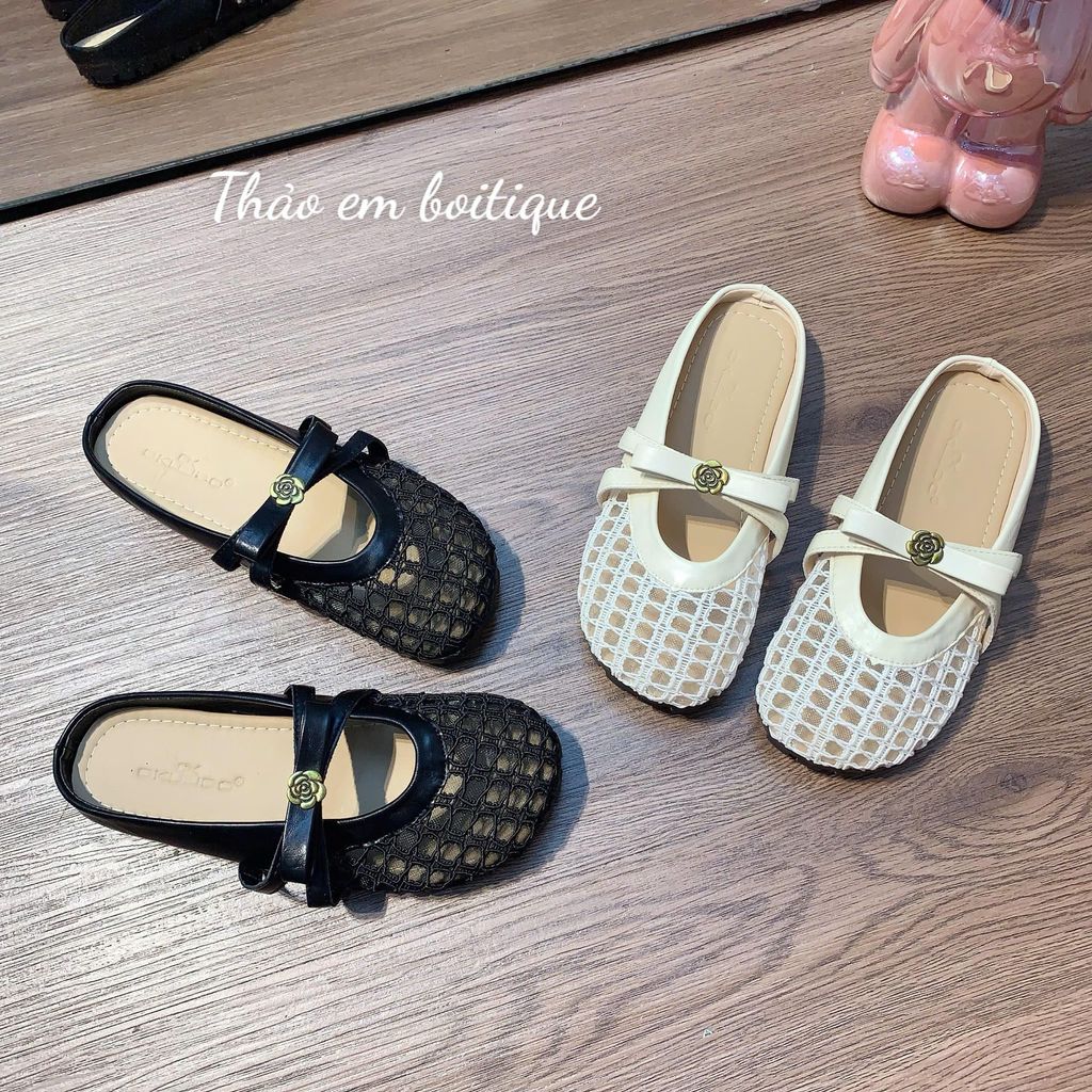 [Thảo Em - SL644] Sục lưới nữ đế bệt mũi tròn phối nơ hoa trà [Sẵn Hàng].