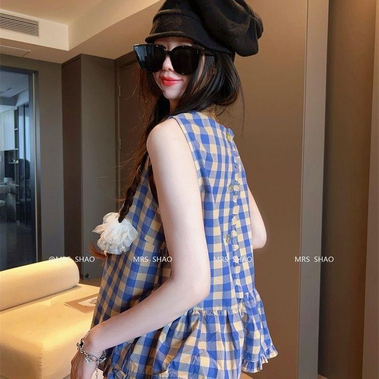 [Hàng mới về] Áo sơ mi không tay cổ tròn kẻ sọc phong cách phương Tây cổ điển dành cho nữ Mùa hè Phong cách mới dáng rộng thường ngày Agaric Edge Áo kẻ sọc xanh