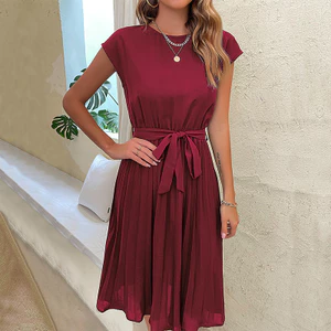Phụ Nữ Thanh Lịch Mùa Hè Thường Ngày Đi Biển Sundress Tay Ngắn Xếp Ly Midi Đầm Soild Màu O Cổ Áo Thời Trang