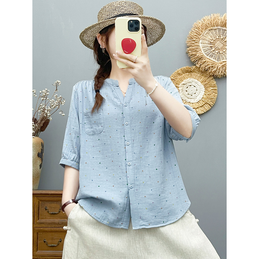 [Hàng có sẵn] Áo sơ mi nữ Cotton chấm bi mùa hè tay áo vừa mềm mại
