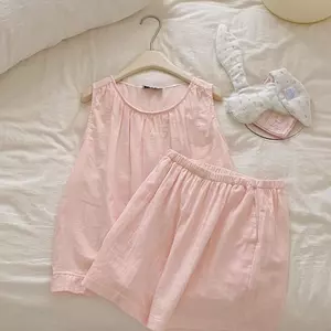 Bộ đồ ngủ sợi hai lớp Cotton phiên bản Hàn Quốc dành cho nữ mùa hè Áo Vest dễ thương có thể mặc bên ngoài Đồ mặc nhà rộng rãi