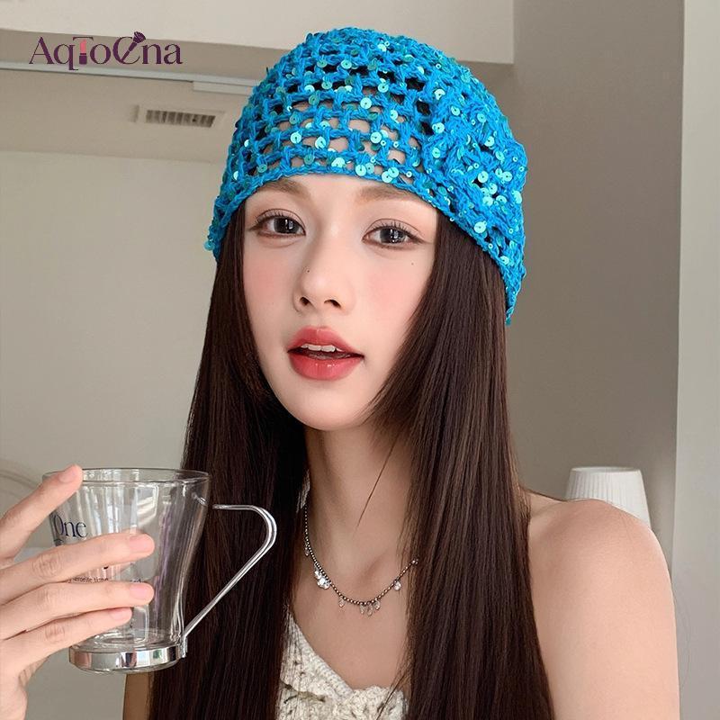 AqToCna Retro Thanh Lịch Đính Kim Sa Lấp Lánh Hoa Rỗng Mũ Chui Đầu Nữ Mùa Hè Thu Du Lịch Ảnh Bầu Không Khí Đa Năng Thường Ngày Y2K Dệt Beanies AqToCna
