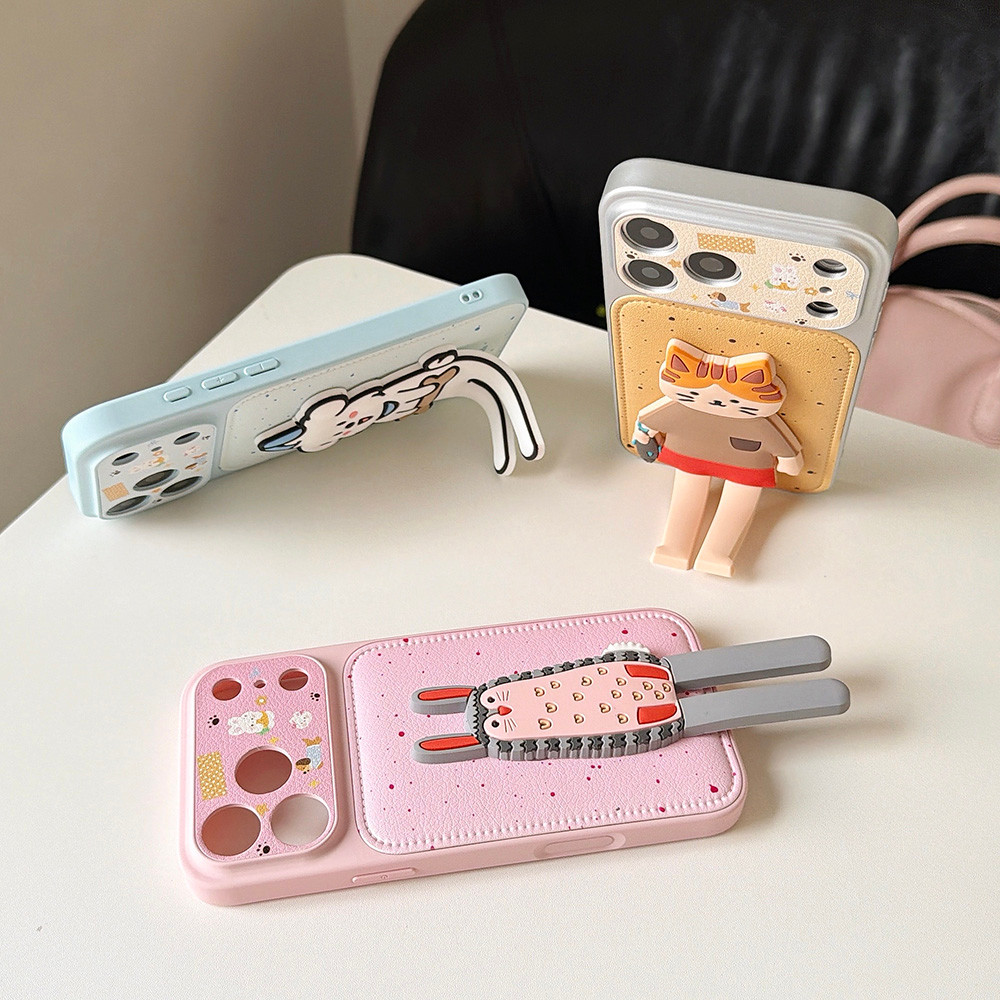 3D Phim Hoạt Hình Mèo Thỏ Giá Đỡ Da Ốp Lưng Điện Thoại iPhone 17 Pro Max 16 15 14 13 Vỏ Bảo Vệ Chống Sốc