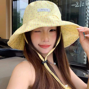 Mũ Hoa Nhí Pastel Vành Rộng Mùa Hè Có Dây Buộc Chống Gió, Mũ Đi Biển Nữ Thoáng Mát Chống Nắng