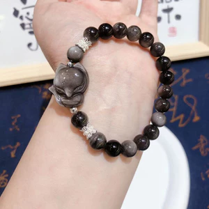 Vòng tay cáo Obsidian bạc tự nhiên dành cho nữ - Cáo chạm khắc 3D - Hạt 8mm - Trang trí bạc - Thủ công - Lý tưởng cho nữ