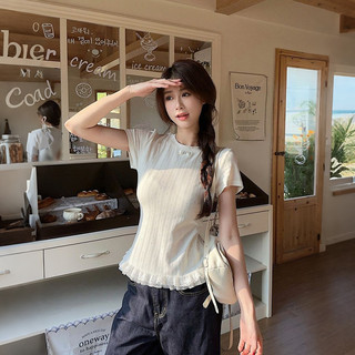 VM-Áo Thun Ngắn Tay Ren Ren Đơn Giản Jacquard Phiên Bản Hàn Quốc