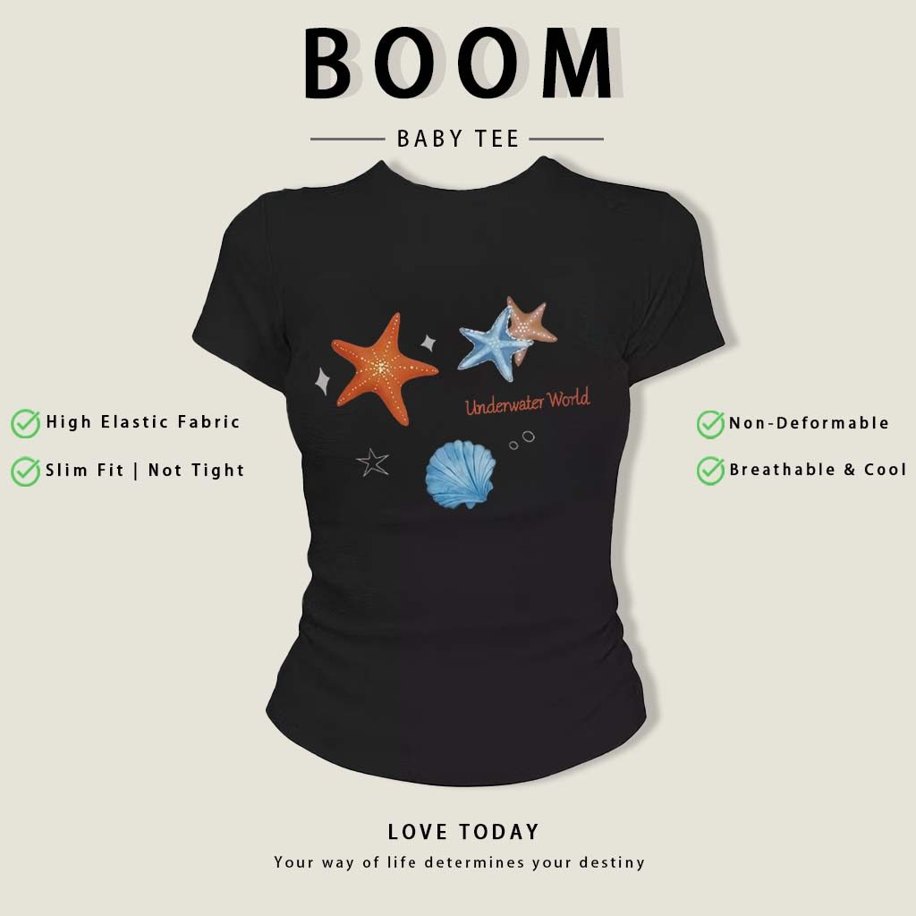 BOOM Áo Baby Tee Nữ Cotton Ôm Body-Áo Thun Ngắn Tay Y2K In Hình PhongCách Mùa Hè, Cổ Tròn Hàng Đầucách hàn quốc phongE40