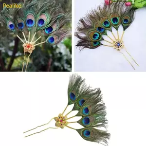 Feather Hair Stick Flower Crystal Feather Hair Decorative Pin for Women Girl