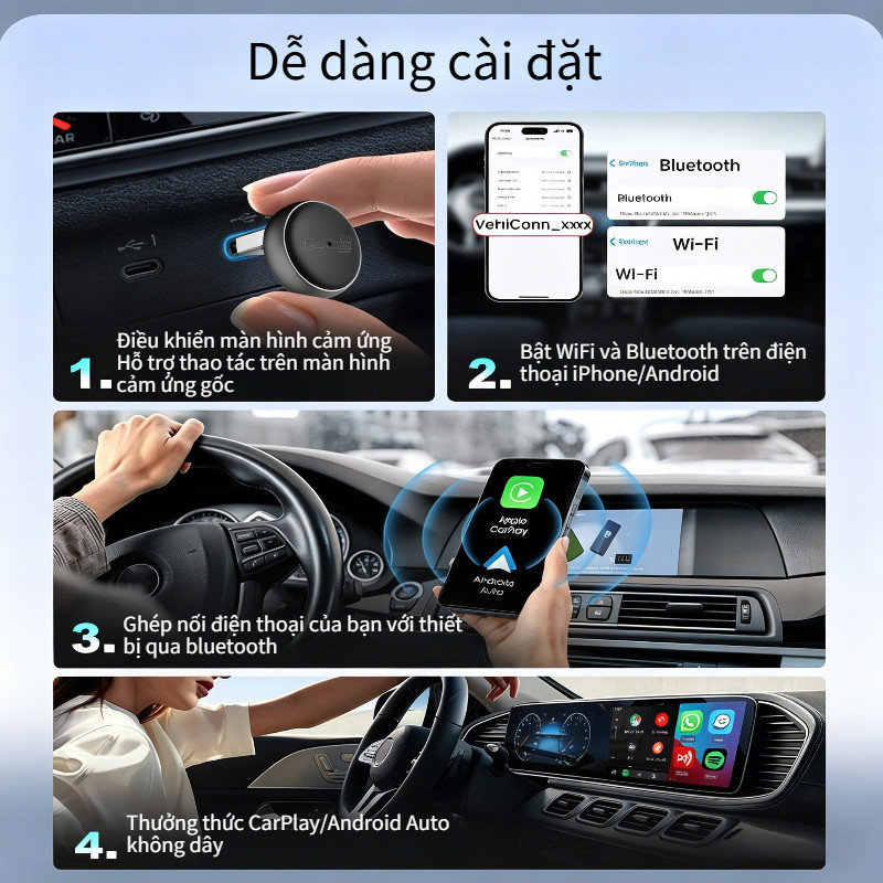 Bộ Chuyển Đổi Không Dây CarPlay & Android Auto Mini Ultra 3 – OTA, BT5.4, WiFi 5.8, Nâng Cấp Xe Hơi