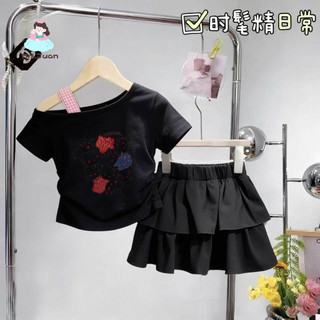 Bộ đồ bé gái lệch vai Hello Kitty - Áo in hình váy tầng xếp siêu dễ thương