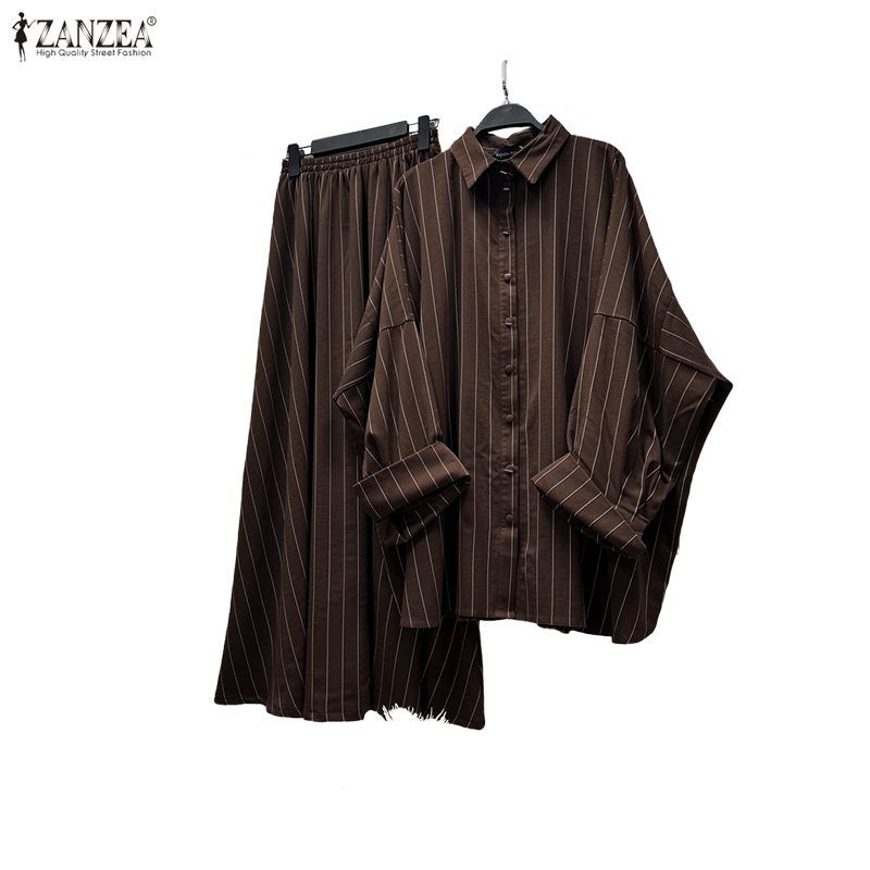 ZANZEA Đầm Áo Nữ Phong Cách Hàn Quốc Cổ Áo Dài Tay Nút Up Size A Midi Sọc