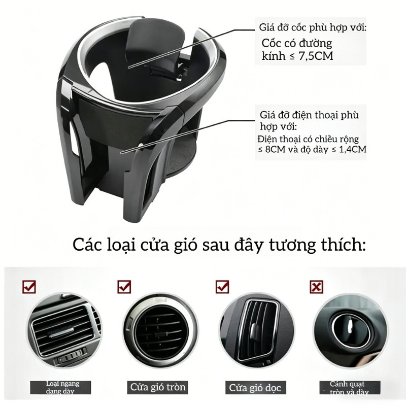 Giá Đỡ 2 Trong 1 Cho Xe Hơi – Để Được Cốc & Điện Thoại, Thiết Kế Gọn, Chống Rung Tốt, Tiện Lợi Mọi Hành Trình