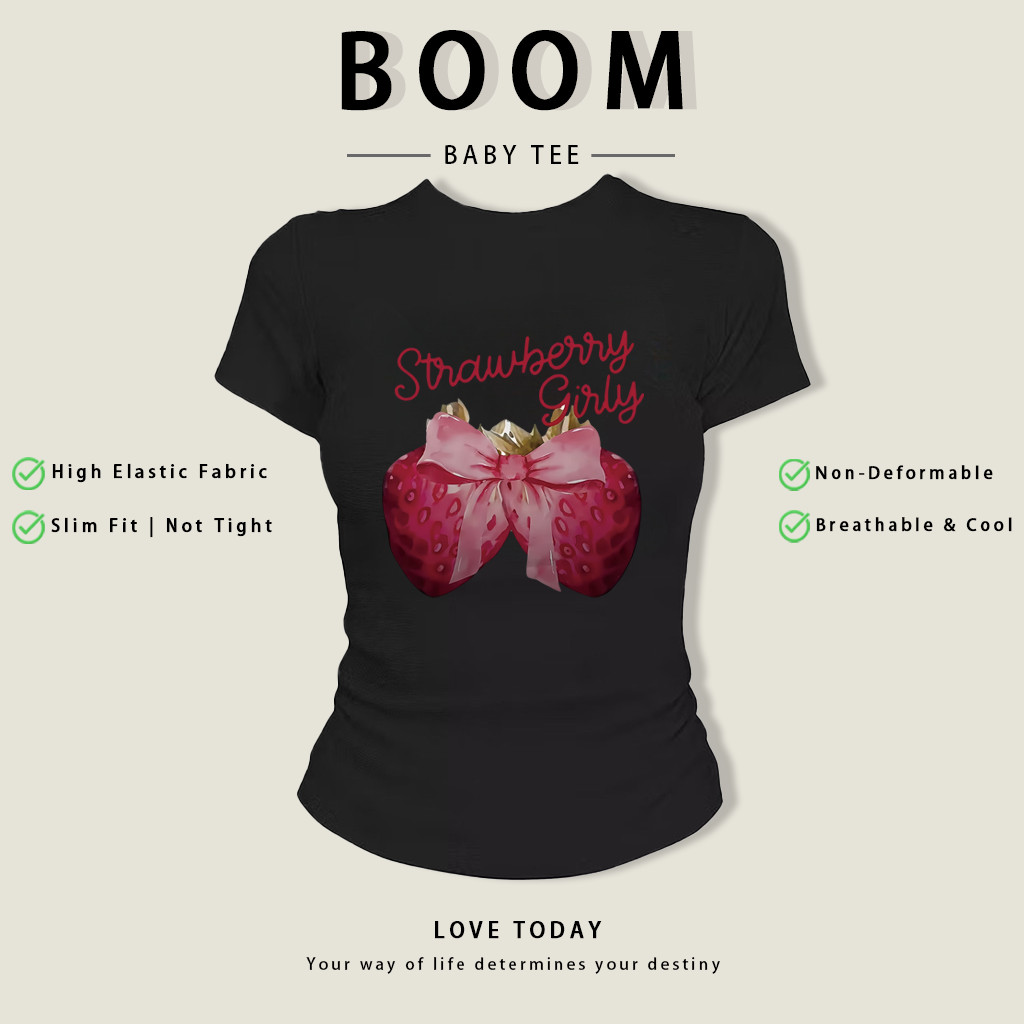 BOOM Áo Baby Tee Nữ Cotton Ôm Body-Áo Thun Ngắn Tay Y2K In Hình PhongCách Mùa Hè, Cổ Tròn Hàng Đầucách hàn quốc phongR02