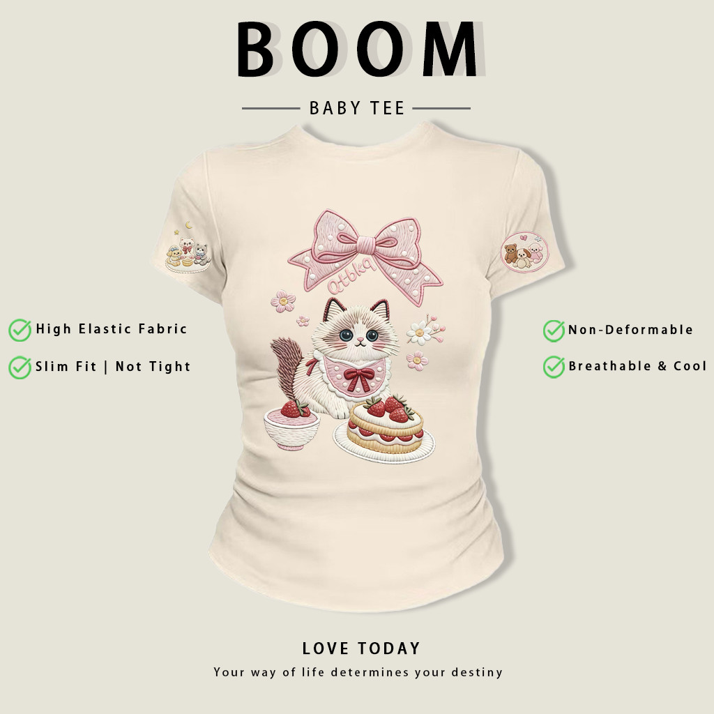 BOOM Áo thêu Baby Tee Nữ Cotton Ôm Body-Áo Thun Ngắn Tay Y2K In Hình PhongCách Mùa Hè, Cổ Tròn Hàng Đầucách hàn phong#02