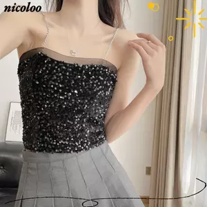 NICOLOO Dây Xích Sequin Gợi Cảm, Mùa Hè Có Miếng Lót Ngực Ống Top, Thời Trang Cô Gái Gia Vị Mềm Crop Top Nữ