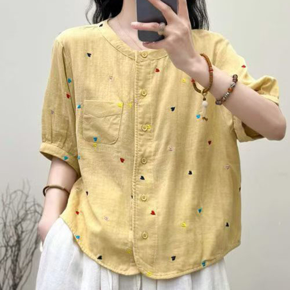 Áo sơ mi nữ chấm bi thêu trắng, cotton, phù hợp cho mùa hè