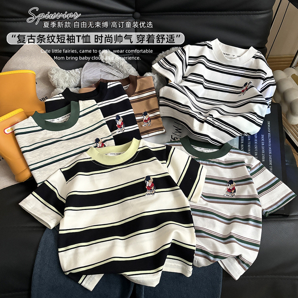 Thêu Retro Áo Thun Sọc Màu Tương Phản Ngắn Tay Top Trẻ Em Phong Cách Thời Trang 80-170 Size ZOUP